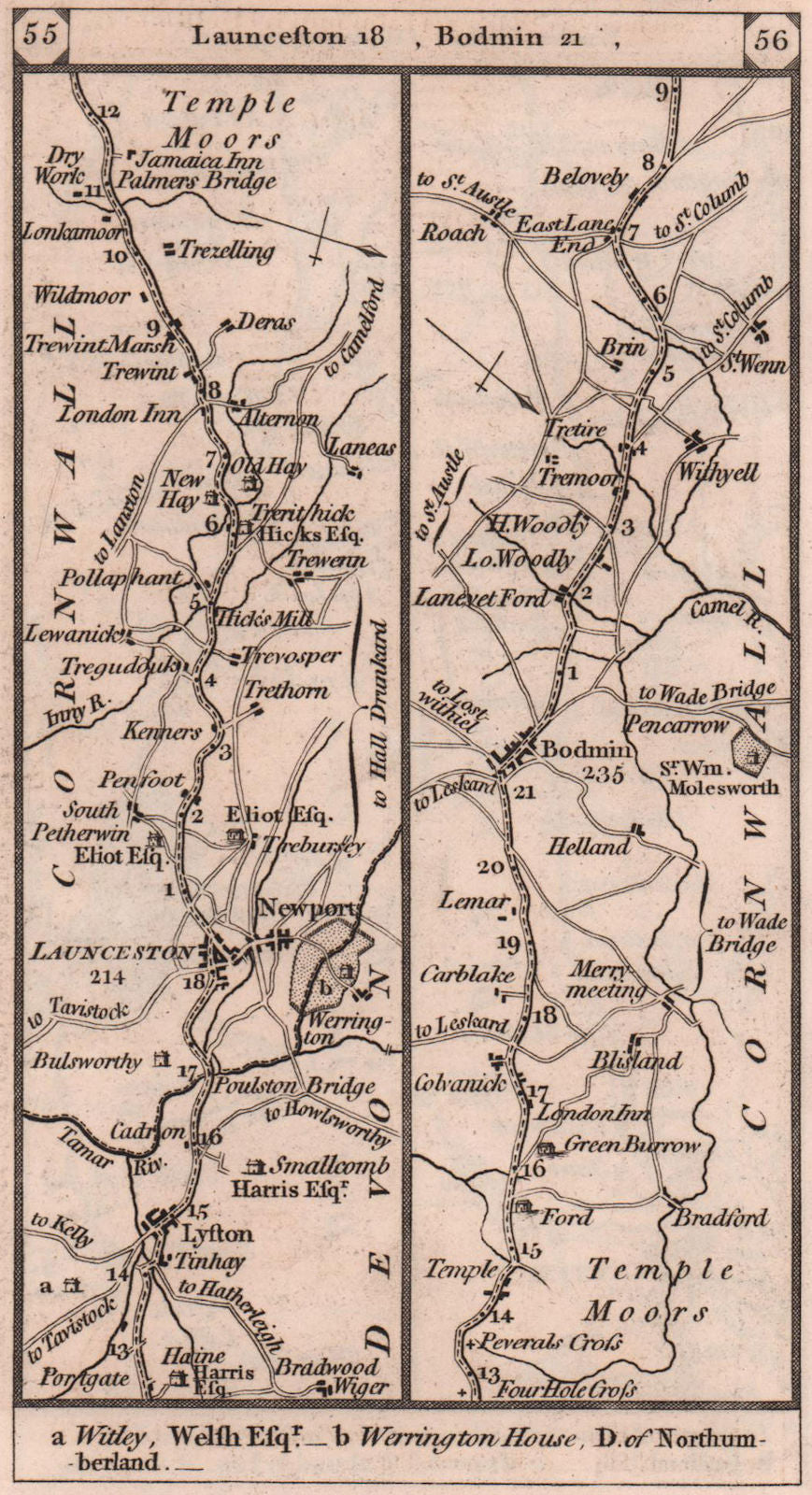 Lifton - Launceston - Bodmin - Withiel road strip map PATERSON 1803 old